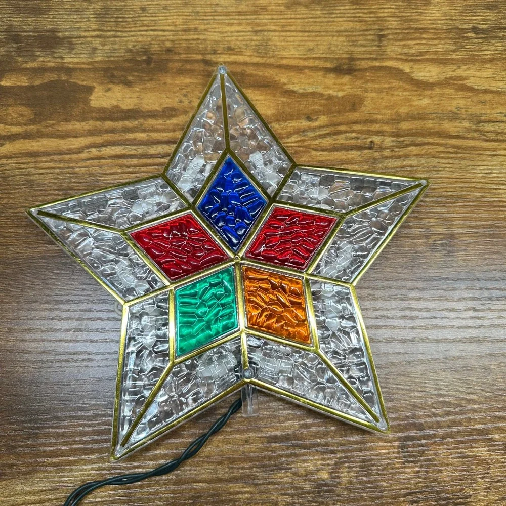 Vintage Multi Color‎ Stained Glass Style Star Christmas Tree Topper Lighted 8in